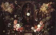 Jan Van Kessel Still life of various flowers and grapes encircling a reliqu ary containing the host,set within a stone niche oil painting on canvas